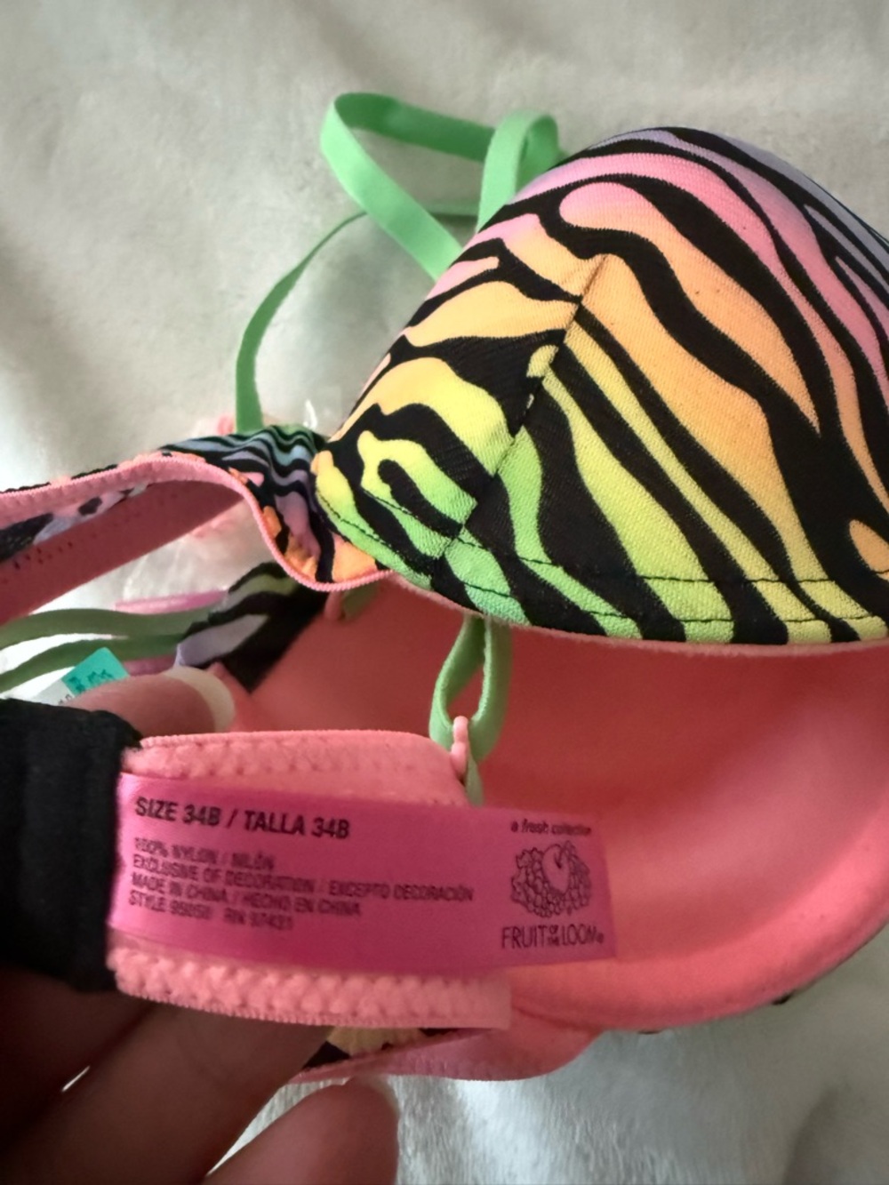 Fruit of the Loom Neon Rainbow Zebra Print Bra with Mint Straps - Picture 3 of 6